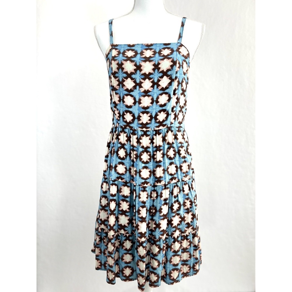 Loft Sunwashed Blue Brown Pink Sundress Smocked Back Square Neck Tiered 4